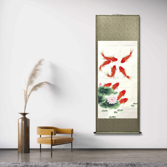 Chinese claborate-style painting- fish and lotus. Living room decoration