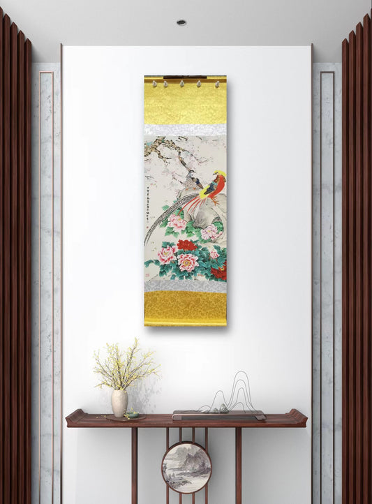Chinese painting-decoration pictures of golden pheasant and four gentlemen plants