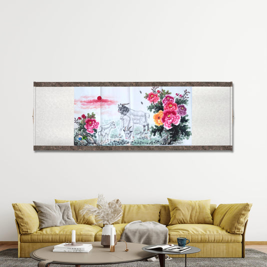 Chinese painting- Goats and peony flowers. Living room decoration.