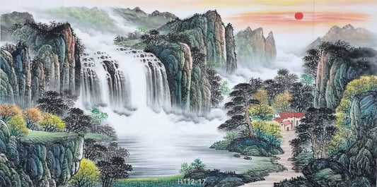 Chinese painting-landscape. Green a mountain and waterfall