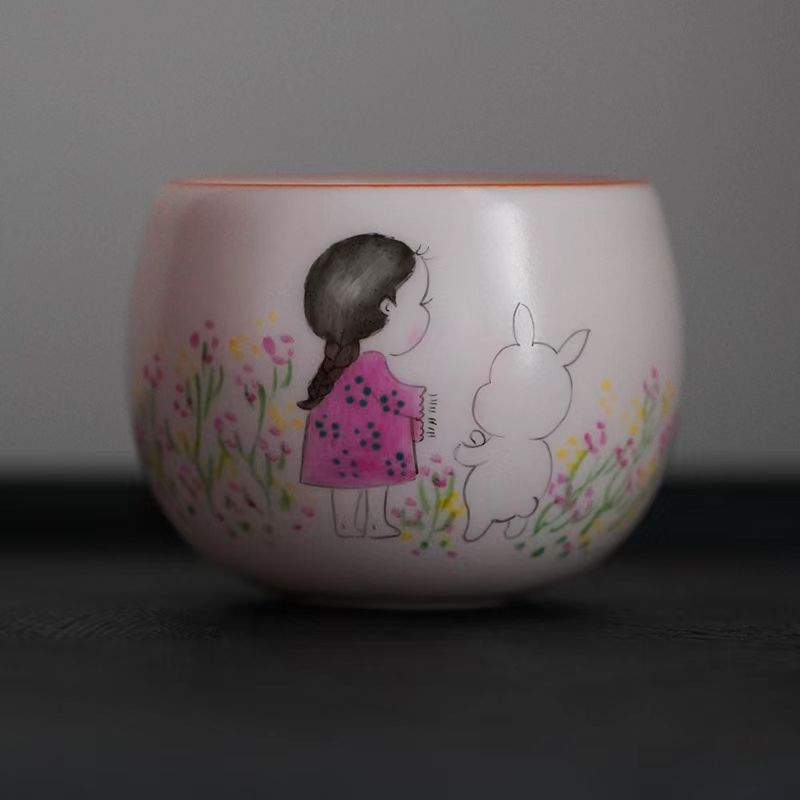 Pink Ru Ware Hand Painted Ceramic Tea Ware Cute Cartoon Master Cup Tea-Soaked Crack Kombucha Cup Guest Cup Female Personal Cup