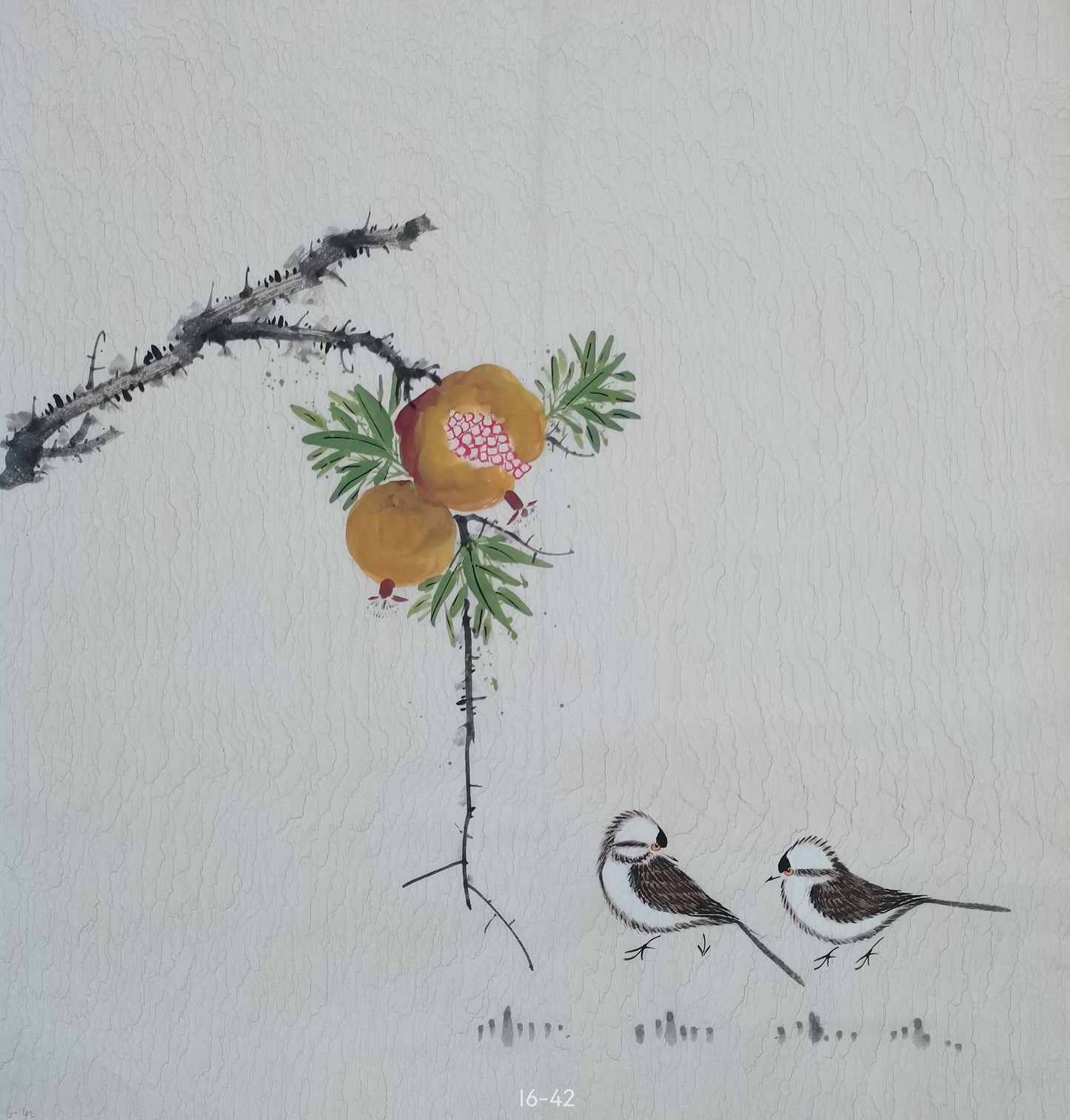 Chinese painting-plant. Pomegranate and birds. Study decoration