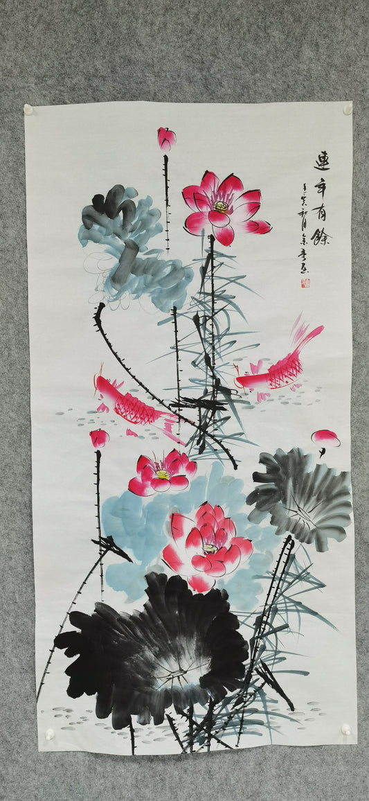 Chinese panting——fish playing under the lotus. Decorations for living room and lobby.