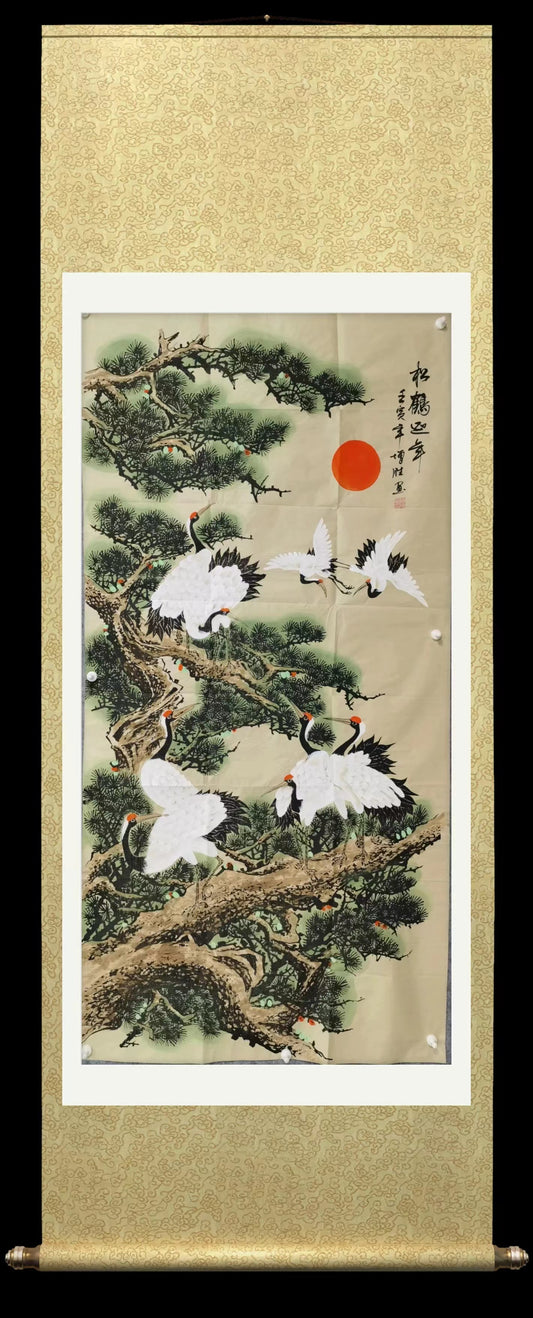 Chinese painting-pine trees and red-crowned crane, Live Long and Prosper. best gift for parents, grandparents and senior citizens.
