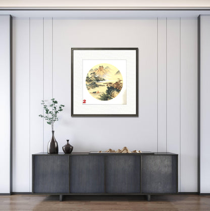 Chinese realistic painting-detailed painting.  Mountains and rivers.   Painted on hard paper jam