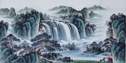 Chinese painting-landscape. Green a mountain and waterfall