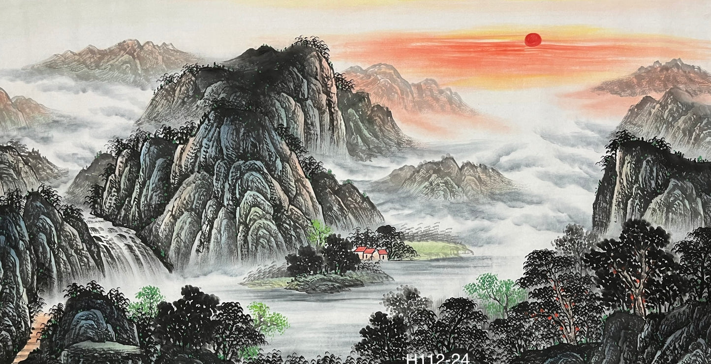 Chinese painting-landscape. Green a mountain and waterfall