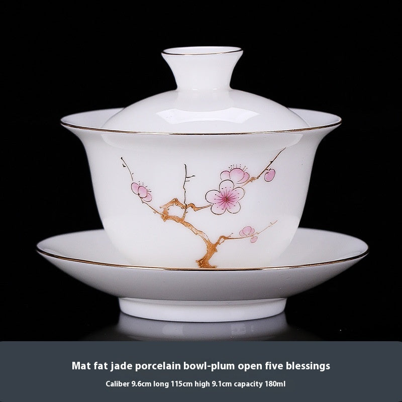 Dehua White Jade White Porcelain Three Pieces Gaiwan Single Gold Painting Tea Brewing Bowl Meeting High-End Tea Set Modern Ceramic Household