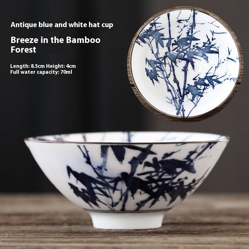 Retro Blue and White Bamboo-Hat Type Cup Underglaze Porcelain Household Kombucha Cup Guest Cup Tea Cup Office Japanese Tea Cup