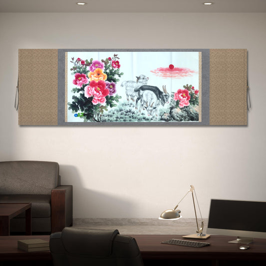 Chinese painting- Goats and peony flowers.   Living room decoration.