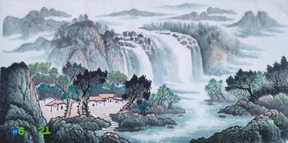 Chinese painting-landscape. Green a mountain and waterfall