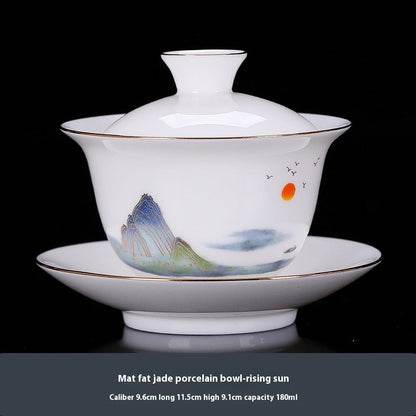 Dehua White Jade White Porcelain Three Pieces Gaiwan Single Gold Painting Tea Brewing Bowl Meeting High-End Tea Set Modern Ceramic Household