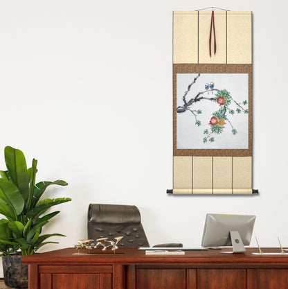 Chinese painting-plant. Pomegranate and birds. Study decoration