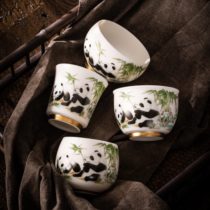 Panda Plain Roast White Jade Master Cup Single Cup High-End Gold Painting Tea Tasting Cup Chinese Ceramic Kung Fu White Porcelain Tea