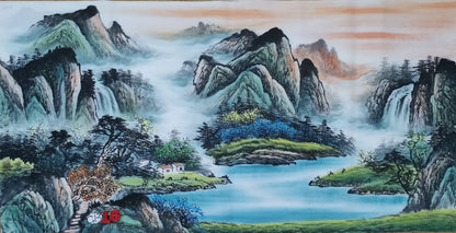 Chinese painting-landscape. Green a mountain and waterfall