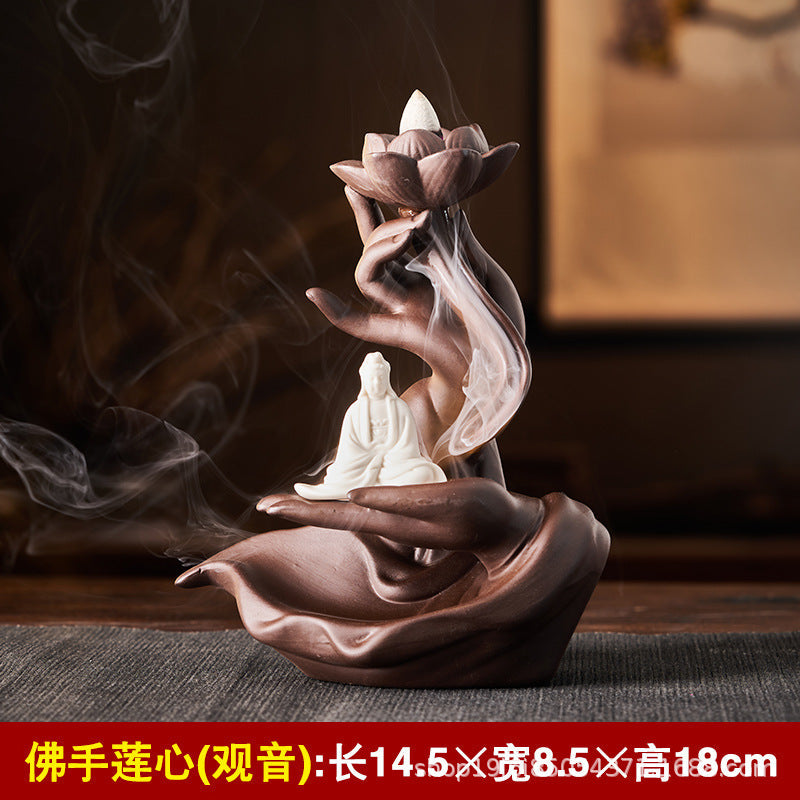 Ceramic Flowback Incense Burner Zen Buddha Hand Creative Home Agarwood Incense Burner Incense Holder Backflow Incense Purple Clay Ornaments Wholesale