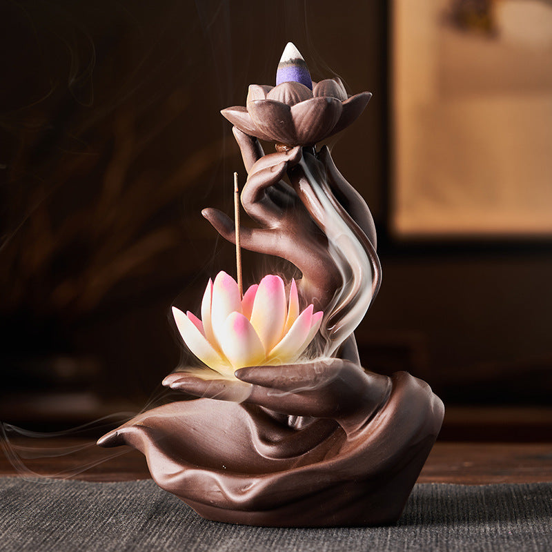 Ceramic Flowback Incense Burner Zen Buddha Hand Creative Home Agarwood Incense Burner Incense Holder Backflow Incense Purple Clay Ornaments Wholesale