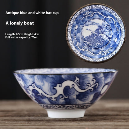 Retro Blue and White Bamboo-Hat Type Cup Underglaze Porcelain Household Kombucha Cup Guest Cup Tea Cup Office Japanese Tea Cup