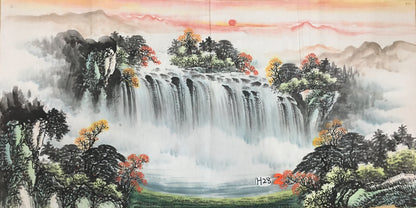 Chinese painting-landscape. Green a mountain and waterfall