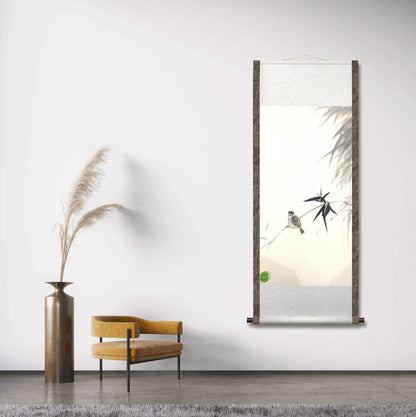 Chinese realistic painting-detailed drawing.   Painted on hard paper jam. Birds and bamboo  Living room decoration
