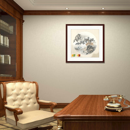 Chinese realistic painting-detailed painting.  Trees on the cliffs .   Painted on hard paper jam