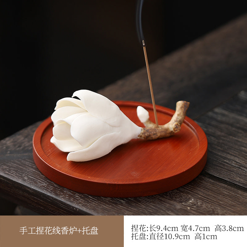 Magnolia Incense Stick Chinese Style Handmade Ceramic Pinch Flower Incense Holder Zen Incense Burner Home Decoration Sandalwood Incense Burner