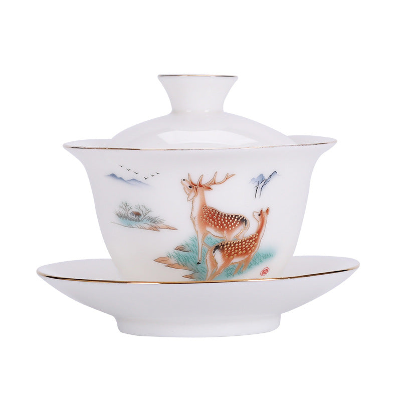 Dehua White Jade White Porcelain Three Pieces Gaiwan Single Gold Painting Tea Brewing Bowl Meeting High-End Tea Set Modern Ceramic Household