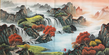 Chinese painting-landscape. Green a mountain and waterfall