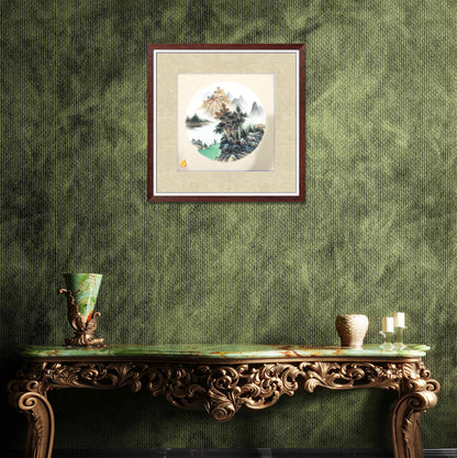 Chinese realistic painting-detailed painting.  Mountains and rivers.   Painted on hard paper jam