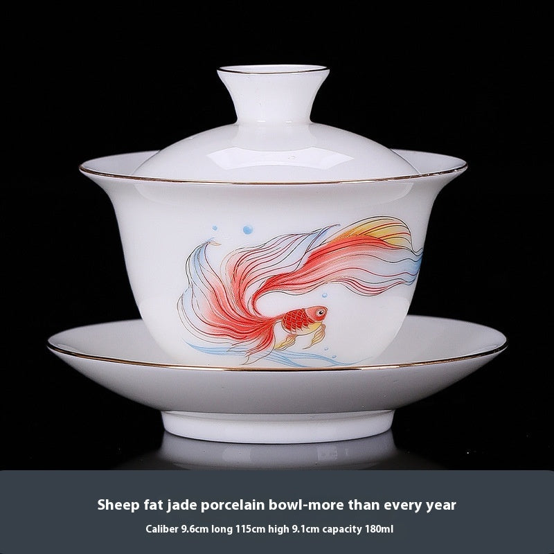 Dehua White Jade White Porcelain Three Pieces Gaiwan Single Gold Painting Tea Brewing Bowl Meeting High-End Tea Set Modern Ceramic Household