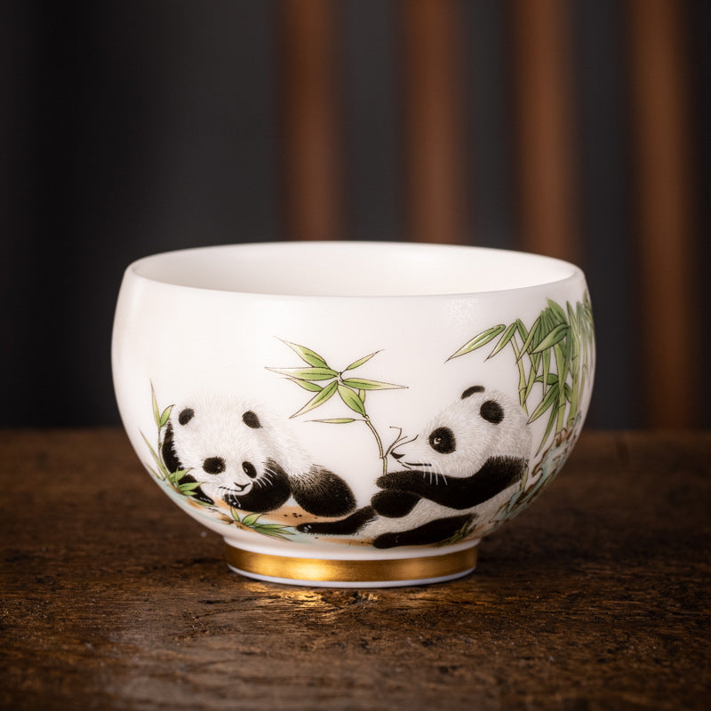 Panda Plain Roast White Jade Master Cup Single Cup High-End Gold Painting Tea Tasting Cup Chinese Ceramic Kung Fu White Porcelain Tea