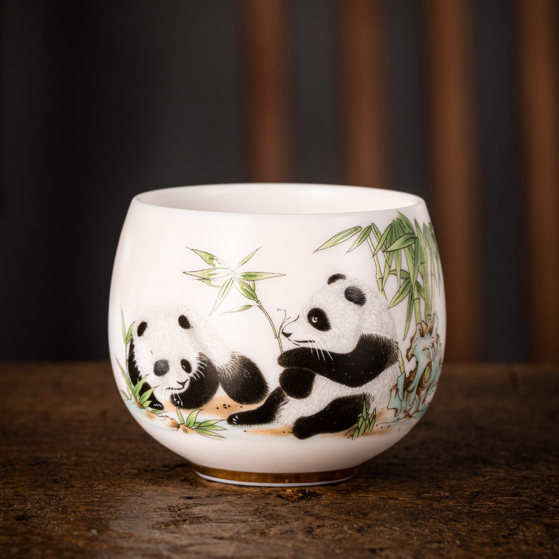 Panda Plain Roast White Jade Master Cup Single Cup High-End Gold Painting Tea Tasting Cup Chinese Ceramic Kung Fu White Porcelain Tea