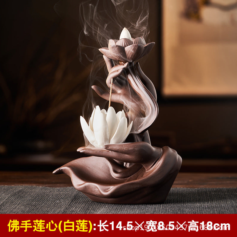 Ceramic Flowback Incense Burner Zen Buddha Hand Creative Home Agarwood Incense Burner Incense Holder Backflow Incense Purple Clay Ornaments Wholesale