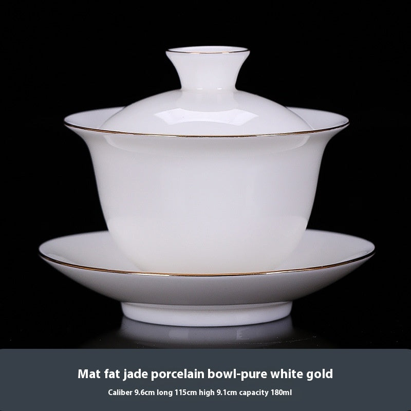 Dehua White Jade White Porcelain Three Pieces Gaiwan Single Gold Painting Tea Brewing Bowl Meeting High-End Tea Set Modern Ceramic Household