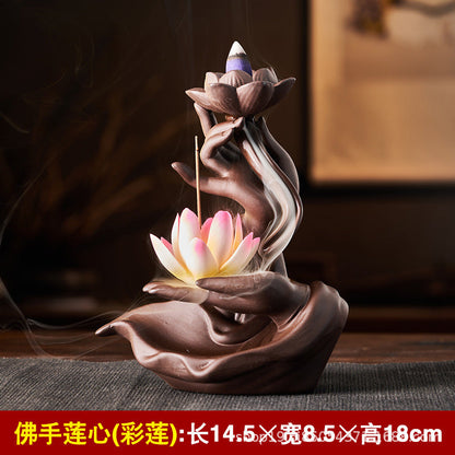 Ceramic Flowback Incense Burner Zen Buddha Hand Creative Home Agarwood Incense Burner Incense Holder Backflow Incense Purple Clay Ornaments Wholesale