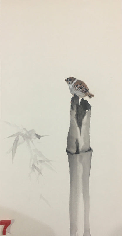 Chinese realistic painting-detailed drawing.   Painted on hard paper jam. Birds and bamboo  Living room decoration