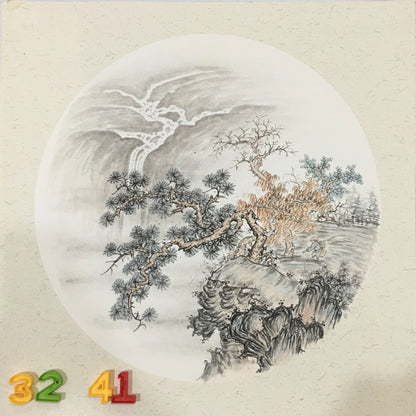 Chinese realistic painting-detailed painting.  Trees on the cliffs .   Painted on hard paper jam