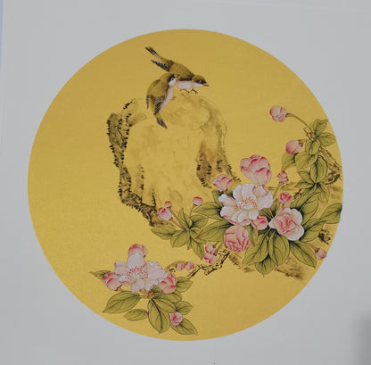 Chinese realistic painting-detailed painting.  Flowers and birds.   Painted on hard paper jam
