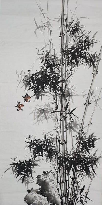 Chinese painting-ink bamboo. Bamboo and birds. Study decoration.