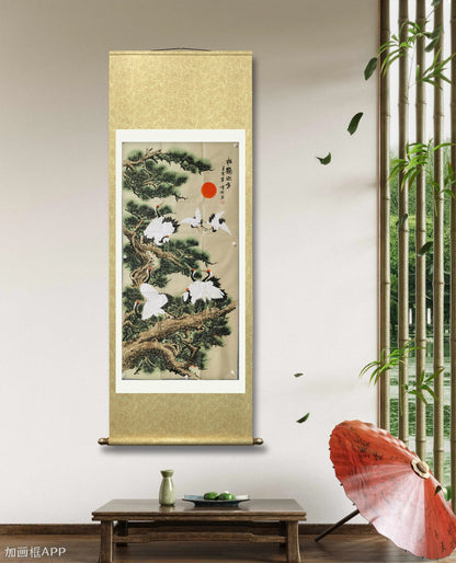 Chinese painting-pine trees and red-crowned crane,  Live Long and Prosper. best gift for parents, grandparents and senior citizens.