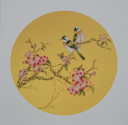 Chinese realistic painting-detailed painting.  Flowers and birds.   Painted on hard paper jam