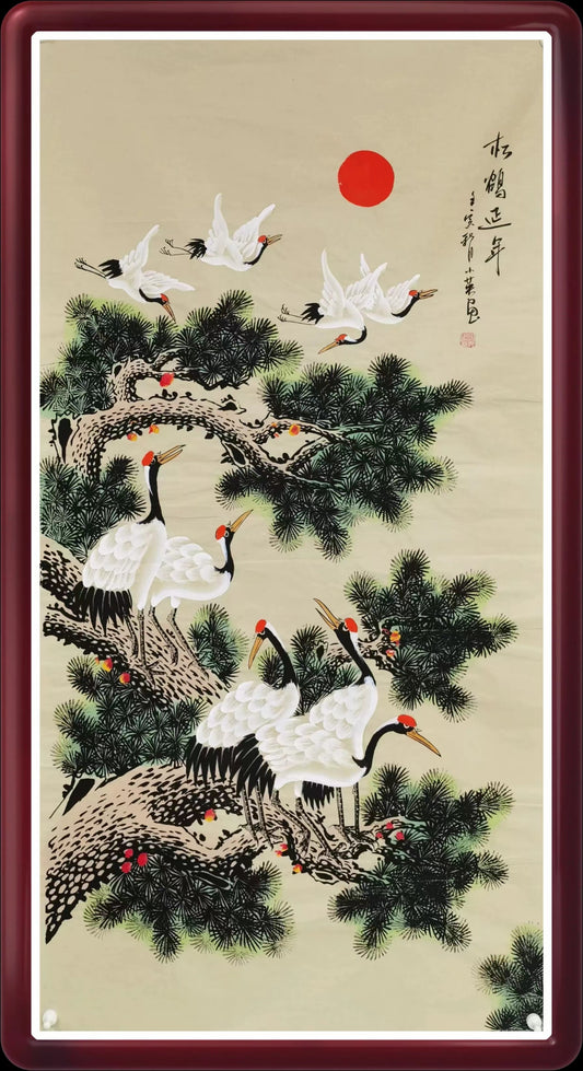 Chinese painting——Pine tree and red-crowned crane, Live Long and Prosper. best gift for parents, grandparents and senior citizens,