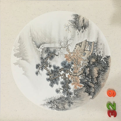 Chinese realistic painting-detailed painting.  Trees on the cliffs .   Painted on hard paper jam