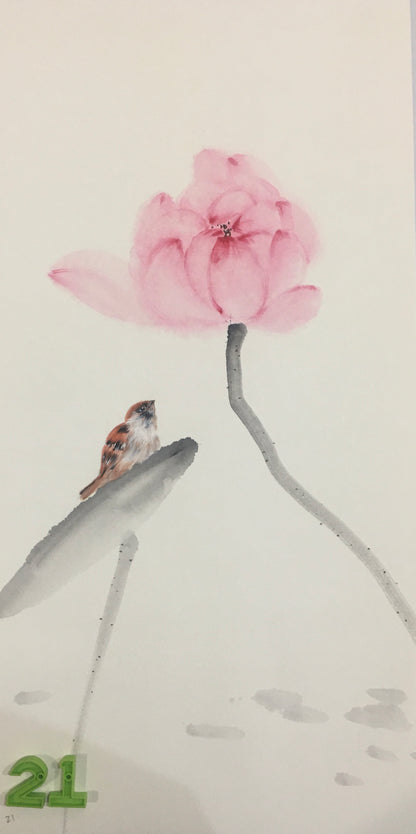 Chinese realistic painting-detailed painting.  Lotus and birds.