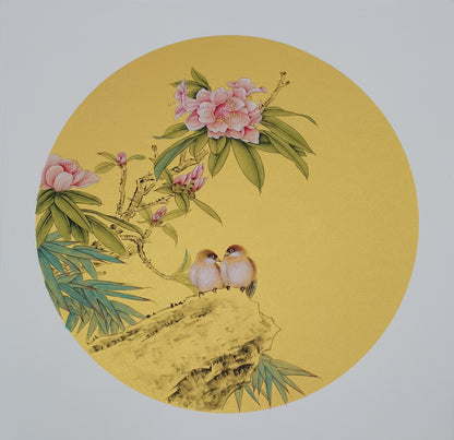 Chinese realistic painting-detailed painting.  Flowers and birds.   Painted on hard paper jam