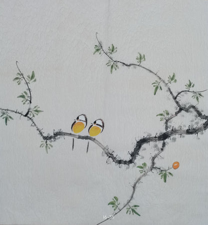 Chinese painting-Plant. Leaves and birds. Study decoration.