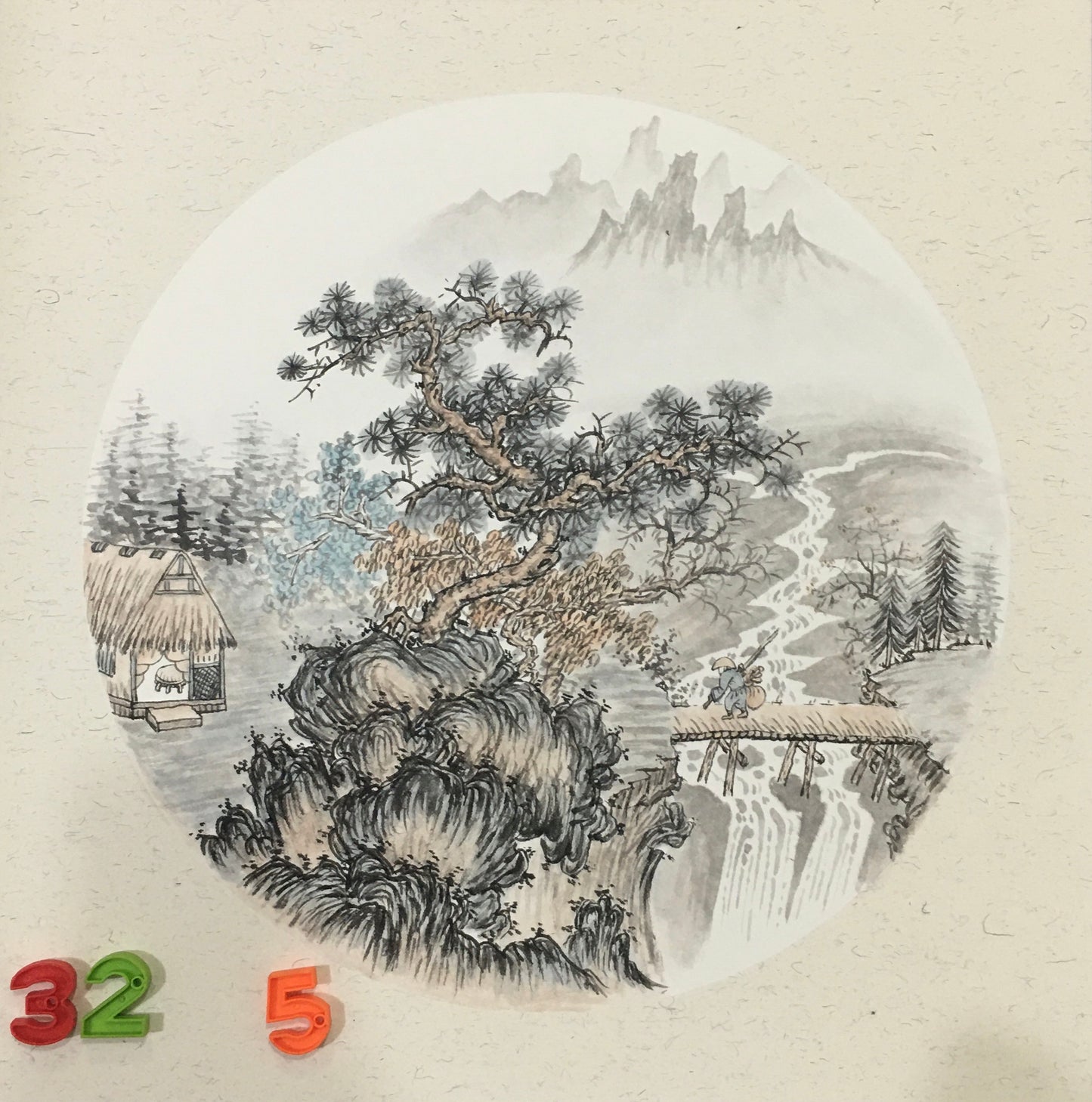 Chinese realistic painting-detailed painting.  Trees on the cliffs .   Painted on hard paper jam