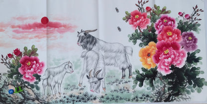 Chinese painting- Goats and peony flowers.   Living room decoration.