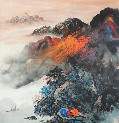 Chinese painting-Chinese landscape.  Colorful Mountains and clouds.  Living room decoration