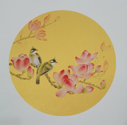 Chinese realistic painting-detailed painting.  Flowers and birds.   Painted on hard paper jam